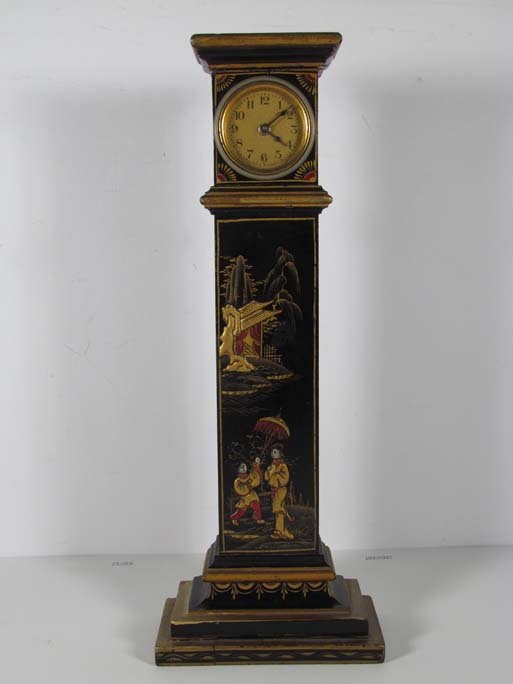 Miniature Lux Tall Case Chinoiserie Decorated Clocks: Title: Miniature Lux Tall Case with raised and lacquer Chinoiserie Decorated Clocks Dimensions: 14.75 inches tall Signature: with The Lux Clock Mfg. Co. Waterbury Conn. USA inside clock face Provenanc