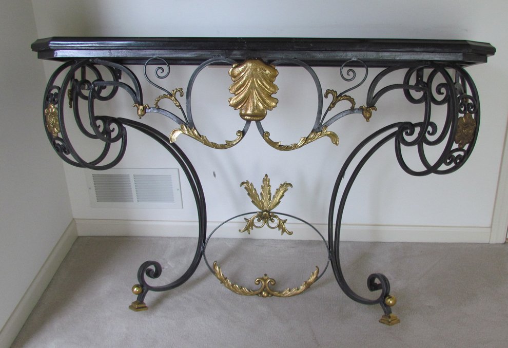Maitland Smith Rod Iron Gilded Console Table w/French: Title: Marble Topped & Beautifully Finished Console Table Dimensions: Console Table 36 1/2" x 56" x 19 inches - Mirror 45" x 28 inches Provenance: The Guiding Light, Pittsburgh, Pa.