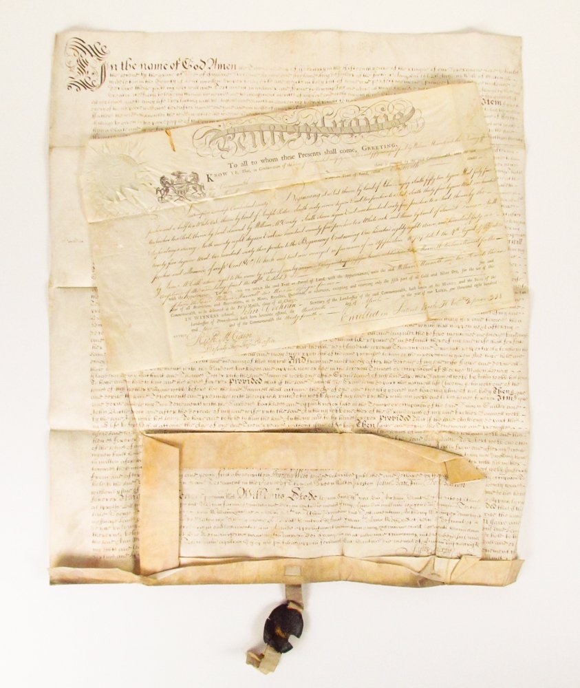 Pennsylvania Parchment Deed, part printed and hand: Title: Pennsylvania Parchment Deed, part printed and hand written, for land sold by the Commonwealth of Cumberland County to William Maxwell Date: dated 1810 Medium: ink and engraving on paper Dimensi