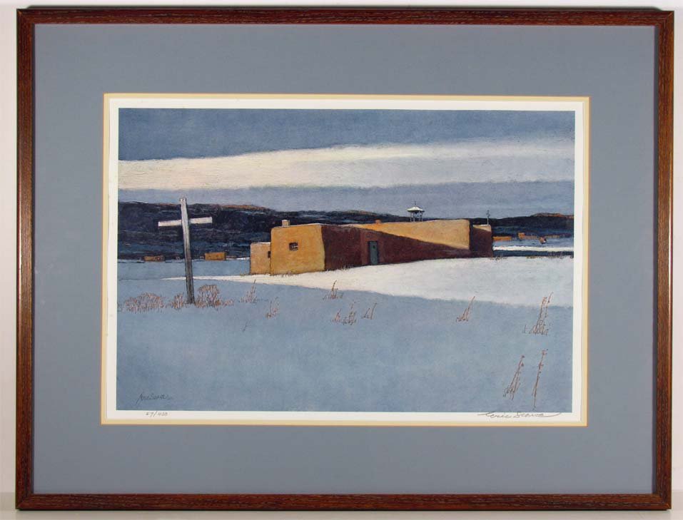 Eric Sloane color lithograph "Morada in Winter" pencil: Artist: Sloane N.A., Eric (American, 1910-1985) Title: Morada in Winter Medium: color lithograph Dimensions: 14.5 x 21.75 inches Edition: 57/450 Description: Taos New Mexico winter landsc