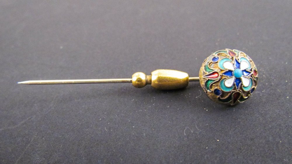Russian Enamel Stick Pin 14k Gold: Title: Russian Enamel Stick Pin 84 Russian Gilt Silver Medium: Enamel, Russian Gilt Silver