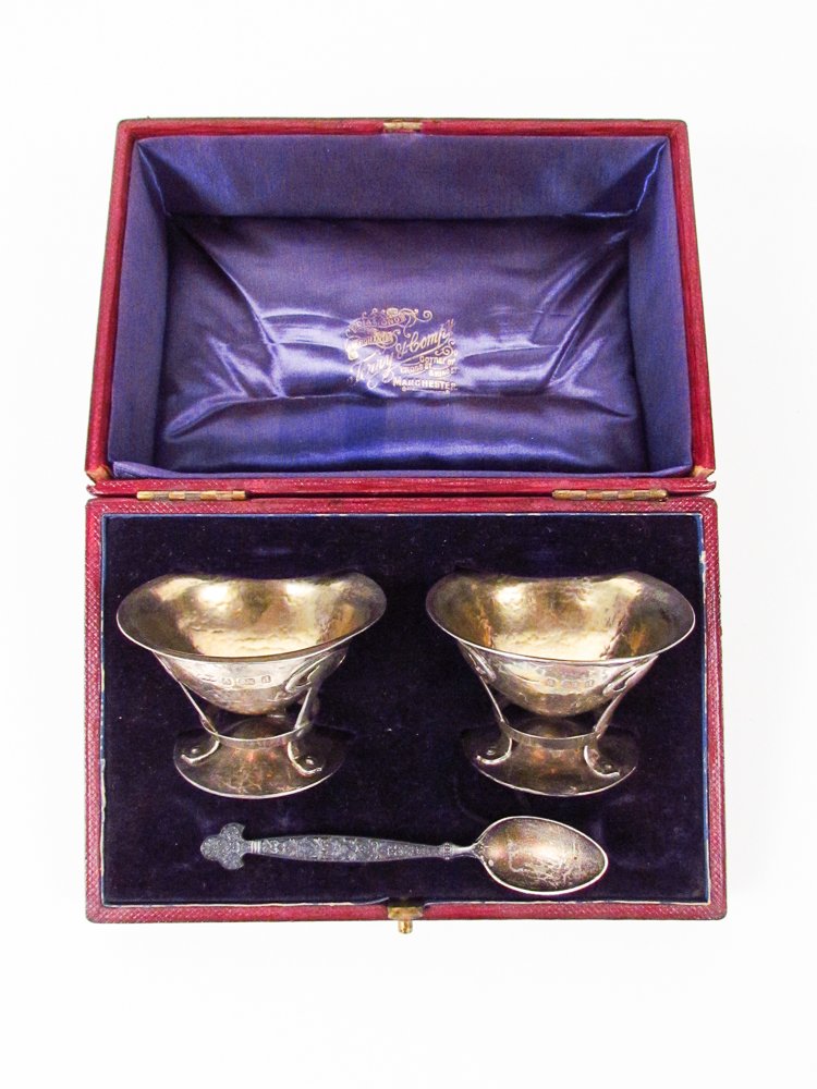 Boxed Set English Arts and Crafts Silver Salt Cellars: Title: Boxed Set English Arts and Crafts Silver Salt Cellars w/spoon Medium: silver Dimensions: each 2 inches tall Signature: spoon marked sterling