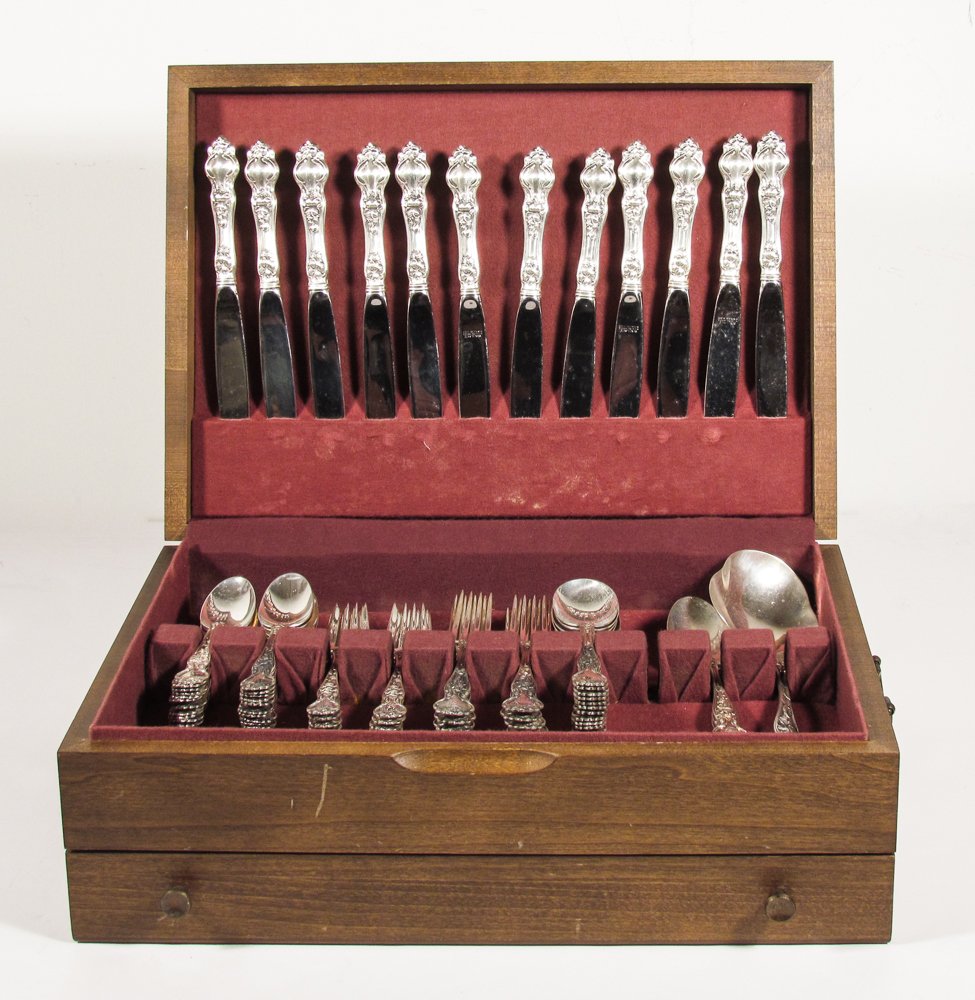 74 pc Wallace Sterling Flatware, Violet Pattern: Artist: Wallace Title: 74 pc Wallace Sterling Flatware, Violet Pattern, including serving utensils Medium: sterling Dimensions: 81.72 ozt (weighable)