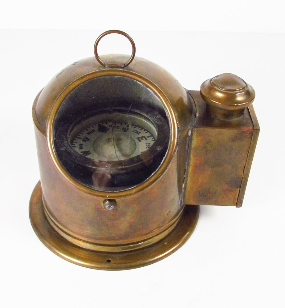 Antique British Ship's Compass and Binnacle: Artist: Kelvin and Hughes Ltd. Title: Antique British Ship's Compass and Binnacle Dimensions: 10 inches tall Signature: stamped on the inside rim with makers name