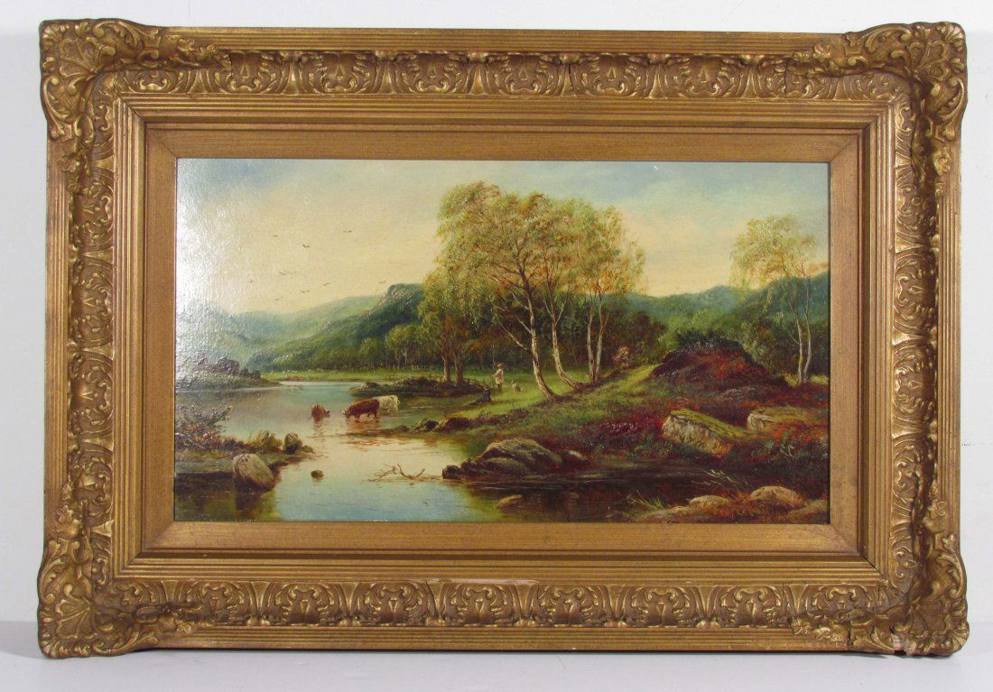 W.J. Crampton Landscape with Figures, Dog, Cattle and: Artist: Crampton, William James Smith (British, 19th Century) Title: Landscape with Figures, Dog, Cattle, and Birds in Flight Medium: oil on board Dimensions: 10" x 18" (25.40cm x 45.72cm) Signature: