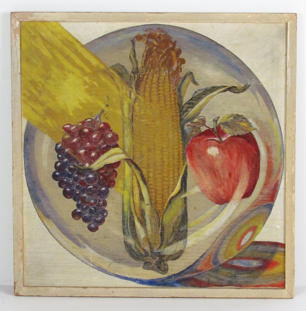Kenneth R. Eifert painting "Farm Still Life": Artist: Eifert, Kenneth R. Eifert (American 20th century) Title: Farm Still Life, Corn Grapes, Apple Date: mid 20th Century Medium: oil on board Dimensions: 15 x 15 inches Signature: ins