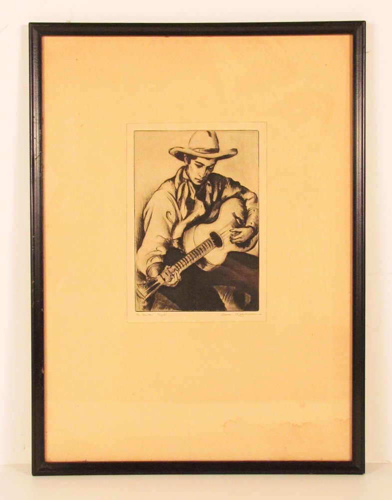 Gene Kloss drypoint etching "The Guitar Player": Artist: Kloss, Gene (American, 1903-1996) Title: The Guitar Player (K. #289) Date: 1934 Medium: drypoint etching with rich burr on wove paper Dimensions: 7.25 x 5 inches image and 8.75 x 6.2 inches s