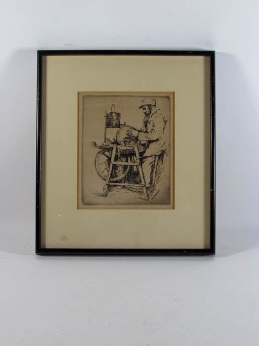 William Meyerowitz etching "The Knife Grinder": Artist: Meyerowitz, William (b Russia, American, 1886-1981) Title: The Knife Grinder Medium: etching Dimensions: image size 7.25 x 5.75 inches Signature: signed in the plate Wm Meyerowitz Fr