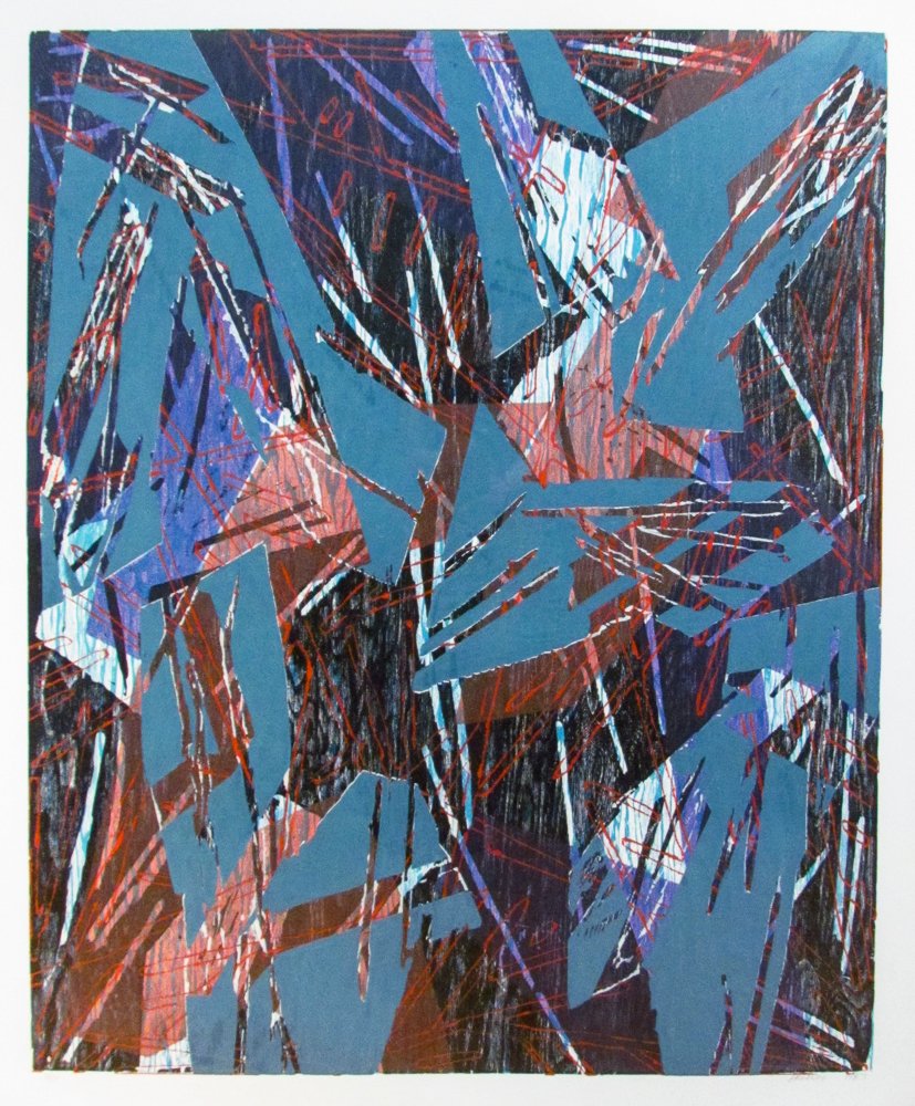 Charles Arnoldi Abstract Woodcut w/Monoprint 1987: Artist: Arnoldi, Charles Arthur (American, b. 1946) Title: Abstract Date: 1987 Medium: color woodcut with monoprint, sheet mounted to canvas Dimensions: 53.5 x 43.75 inches Edition: 2 of 1