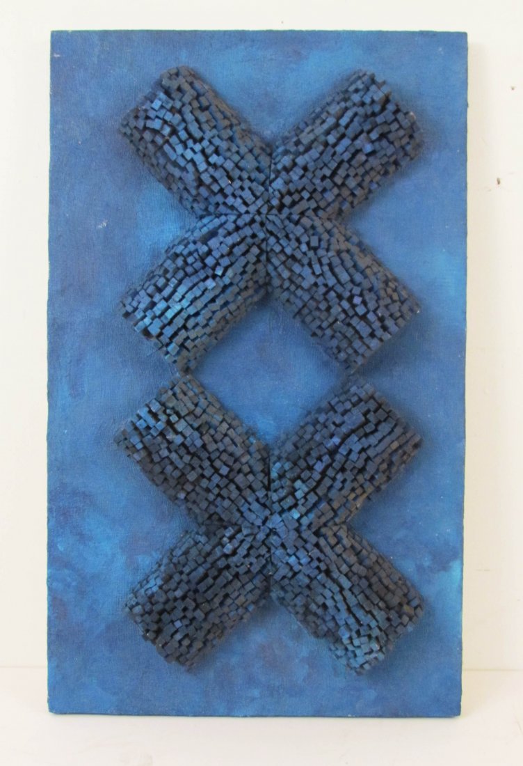 Richard Faralla mixed media ptg. "Untitled": Artist: Faralla, Richard (Duane "Richard" Raoul) (American/California 1916 - 1996) Title: Untitled (X's) Date: 1969 Medium: mixed media canvas wood and paint Dimensions: 30 x 18 x 5 inches Si