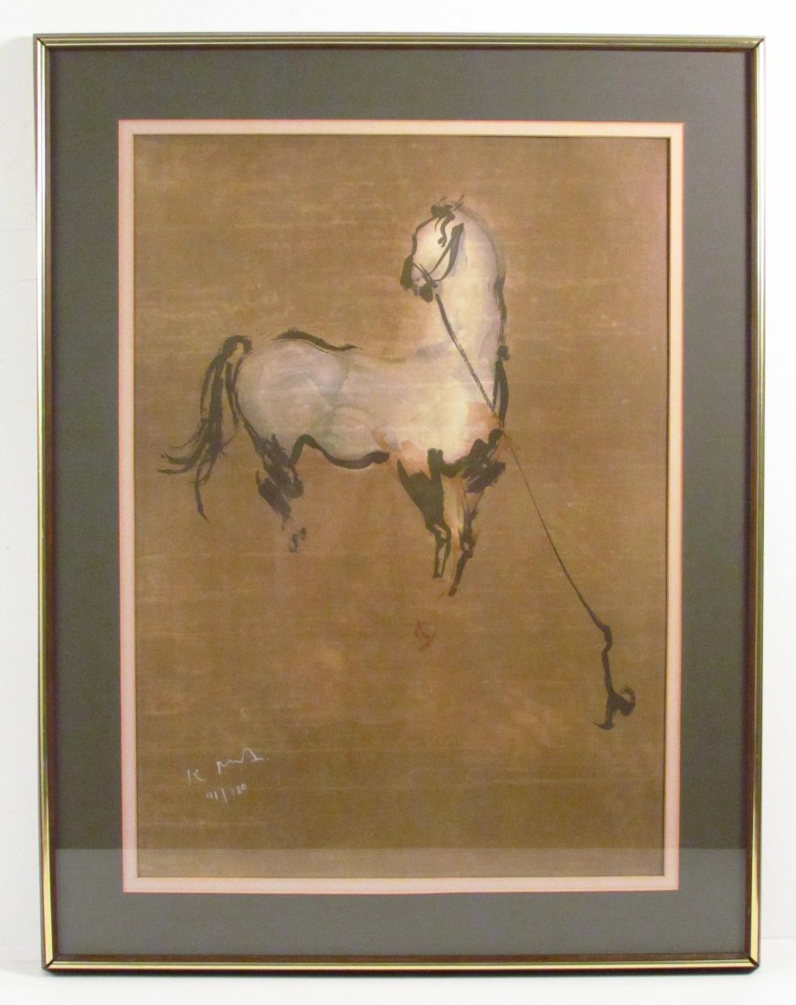 Kaiko Moti orig lithograph "Horse": Artist: Moti, Kaiko (Indian 1921-1989)- Title: Horse Medium: lithograph printed in colors Dimensions: 28.5 x 20.5 inches Edition: 91/180 Signature: signed and numbered in white pencil