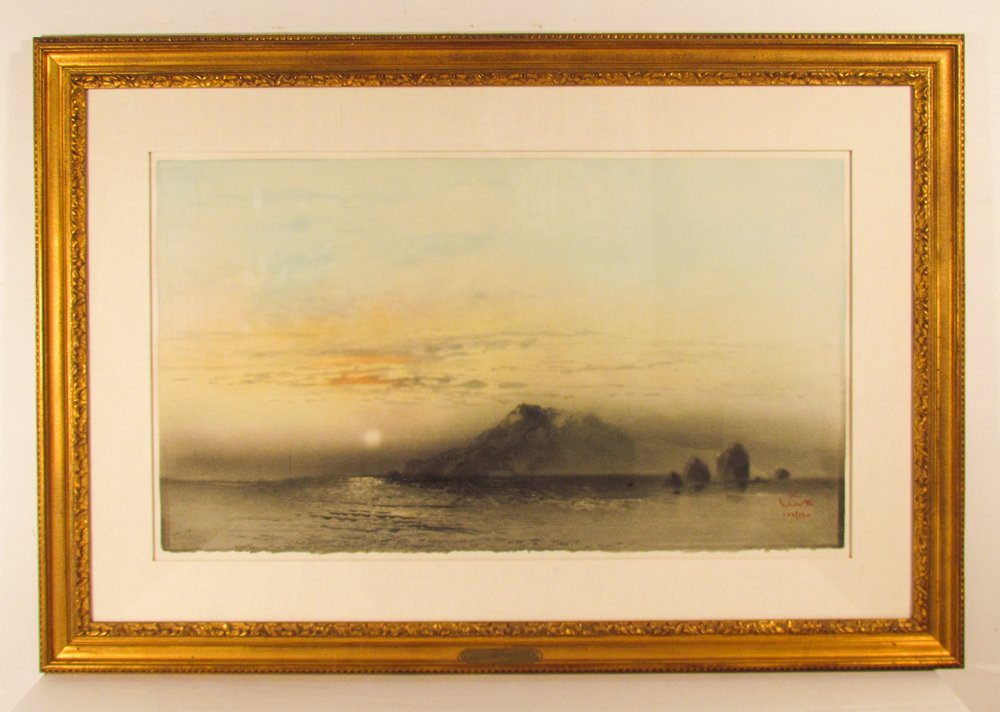 Kaiko Moti 1978 aquatint "Sunrise": Artist: Moti, Kaiko (Indian 1921-1989)- Title: Sunrise Date: 1978 Medium: viscosity aquatint Dimensions: 17 x 30 inches Edition: 108/120 Signature: signed in red pencil lower r