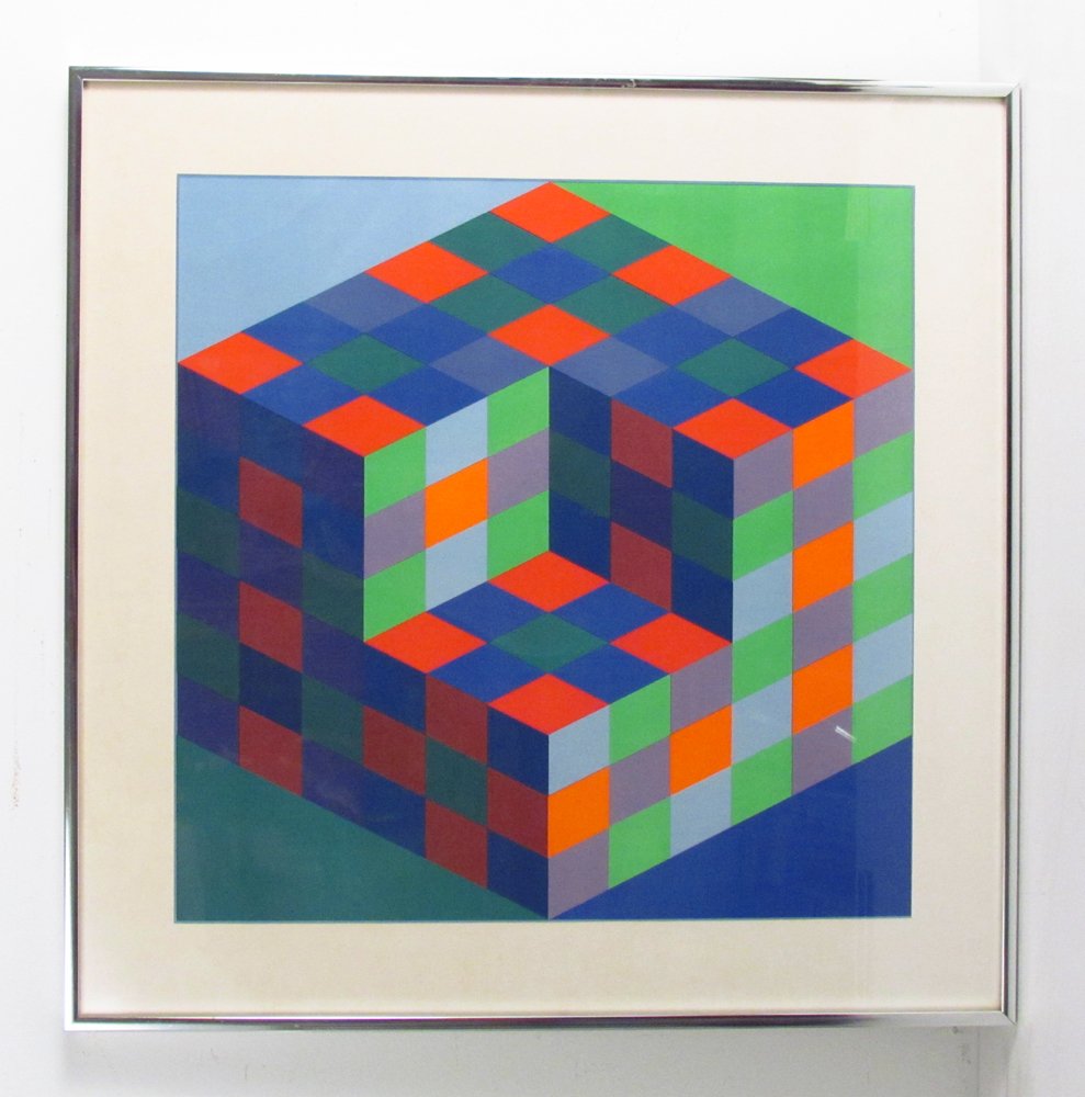 Victor Vasarely Koeb MC 1968 Serigraph: Artist: Vasarely, Victor (FRENCH/HUNGARIAN 1906-1997) Title: Koeb MC Date: 1968 Medium: serigraph Dimensions: 17.5 x 17 inches Signature: apparently unsigned Frame Type: silver metal<