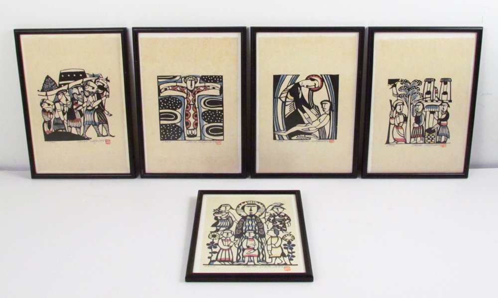 5 Sadao Watanabe prints with Christian Themes: Artist: Watanabe, Sadao (Japanese, 1913-1996) Title: Isaac, Jesus and Children, Lord Made Adam, Cross, Wall of Jerico Date: 1976, 1977, 1976, 1976, 1966 Medium: original color woodcuts Dimensions: var