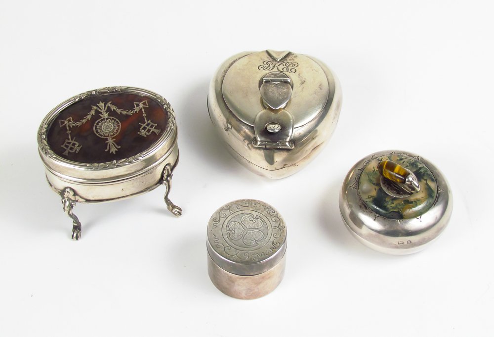 3 silver boxes and a traveling inkwell: Title: 3 silver boxes and a traveling inkwell; Birmingham silver and tortoise shell footed trinket casket, black starr and frost sterling traveling inkwell, unusual round box mounted with moss agate a