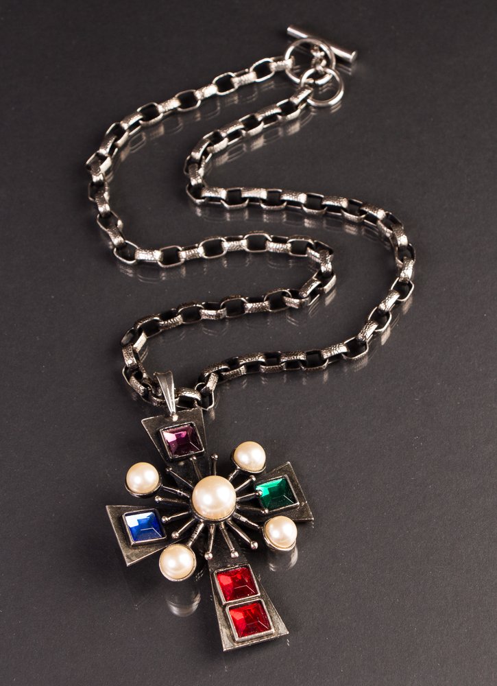Yves Saint Laurent YSL Cross Necklace: Artist: Yves Saint Laurent Title: YSL Cross Necklace silver metal with faux pearls and gemstone Date: 1980 Medium: silver metal with faux pearls and gemstone Dimension: 30 inches (necklace), 4.5 inche