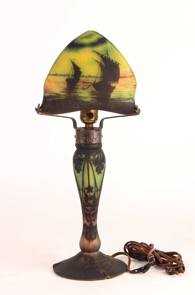 Daum Nancy Reverse Cut Seascape Lamp: Artist: Daum Nancy Title: Reverse Cut Cameo Glass Seascape Lamp with Reverse Cut Leaf Decorated Base Medium: glass Dimension: shade measures: 7 x 7.5 x 6 inches; base measures: 13 inches to shade hold