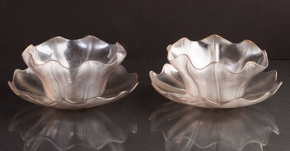 Attrib. Steuben Glass Sherbets with Under plates: Title: Attrib. Steuben Glass Sherbets with Under plates Medium: glass Dimension: 3 inches (plate 6 inches) Signature: unmarked