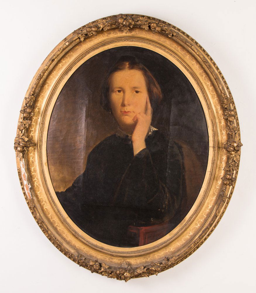 David Gilmour Blythe Portrait of a Woman: Artist: Blythe, David Gilmour (American, 1815 - 1865) Title: Portrait of a Woman Medium: oil on canvas Dimension: 27 x 22 inches (oval) Signature: signed Blythe lower right Frame Type: Heavily