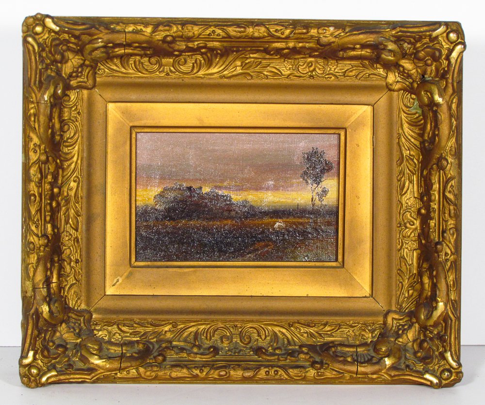French Barbizon school romantic small landscape: Title: French Barbizon school romantic small landscape with village and figure Date: 19th century Medium: oil on canvas? Dimension: 4 1/2 h x 6 1/4 w Signature: signed /LR, indecipherable writing on b