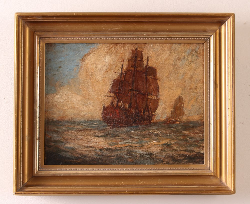 Carlton Chapman O'Er the Deep Sea ptg: Artist: Chapman, Carlton (American, 1860-1925) Medium: oil on canvas Dimension: 9 x 11.5 inches Signature: signed on canvas reverse Frame Type: gold Frame Size: 12.5 x 15 inches