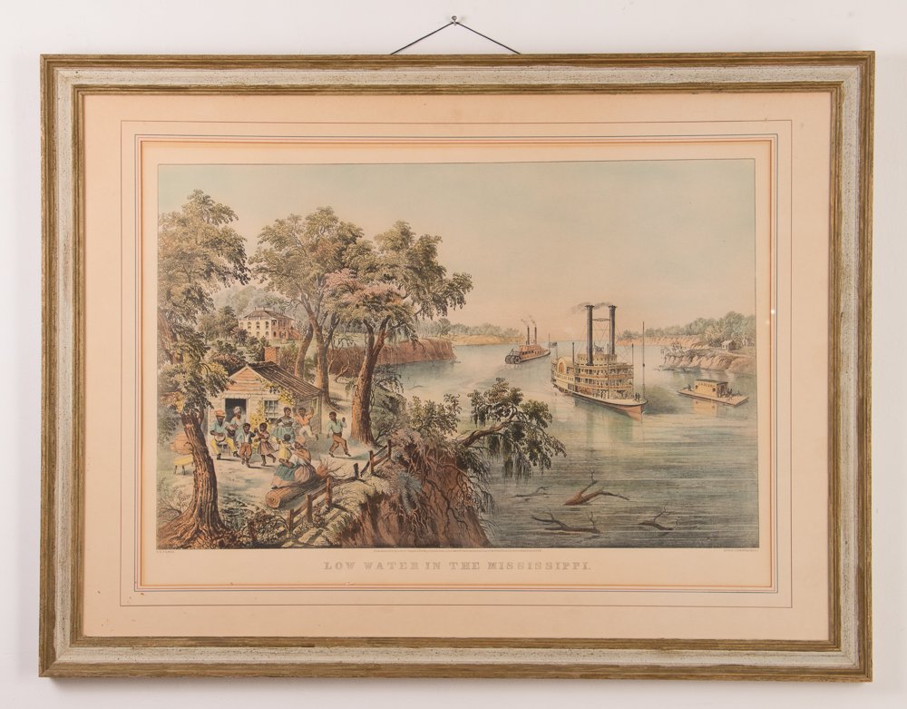 After Currier & Ives Low Water in the Mississippi: Artist: Currier & Ives, after, After Fannie Palmer Title: Low Water in the Mississippi Date: later edition Medium: lithograph printed in colors Dimension: 18.5 x 28 inches (plate) Frame Type: w