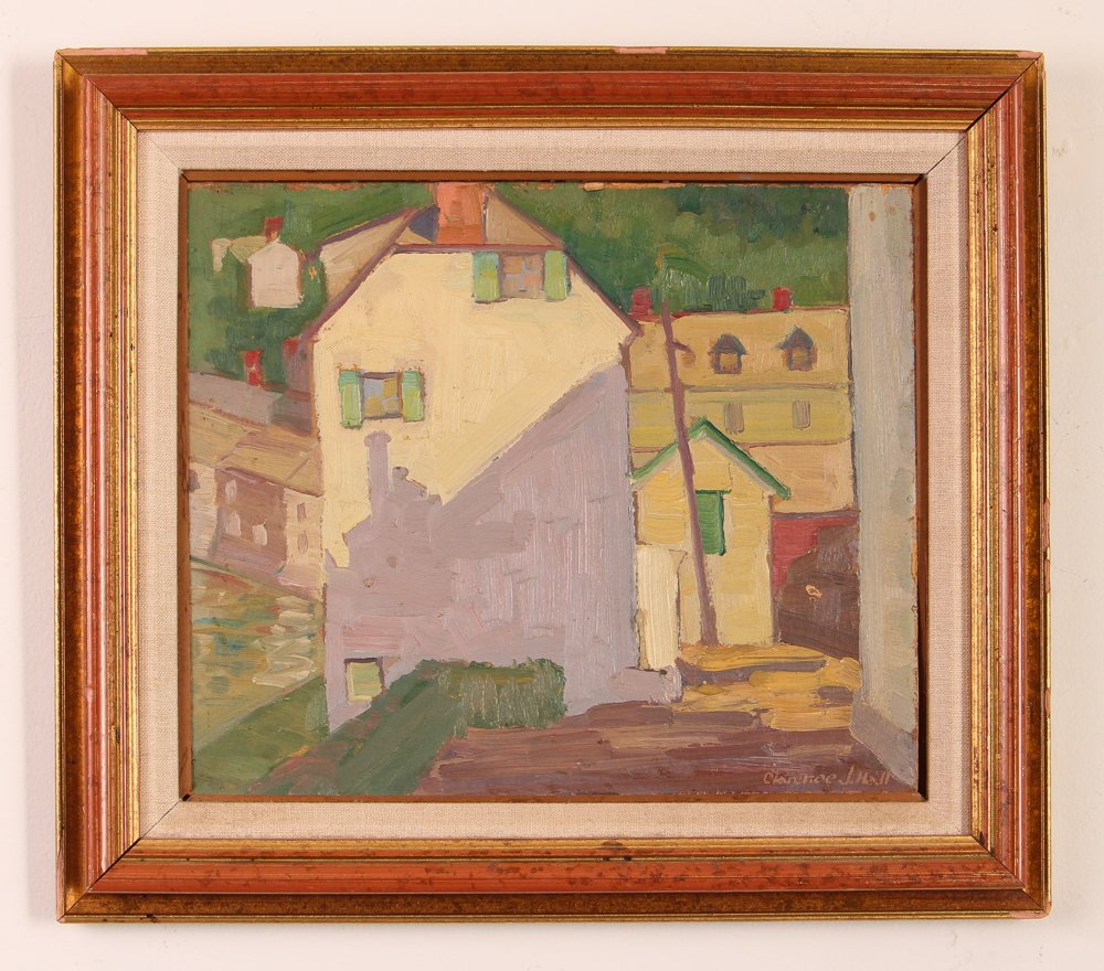 Clarence J Hall 1935 ptg. "Polperro Cornwall England": Artist: Hall, Clarence J (20th Century American) Title: Early Morning Polperro Cornwall England, Summer 1935 Date: 1935 Medium: oil on board Dimension: 10 x 11.75 inches Signature: signed Clare