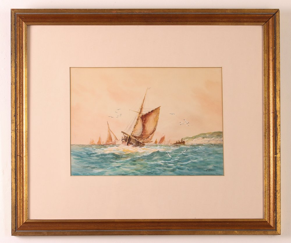 Aubrey Ramus watercolor "Fishing Boats Off The Coast": Artist: Jamieson, Francis E. ( British 1895 - 1950) A.K.A. Aubrey Ramus Title: Fishing Boats Off The Coast Date: 1920's to 1940's Medium: watercolor Dimension: 9.75 x 13.6 inches Signature: s