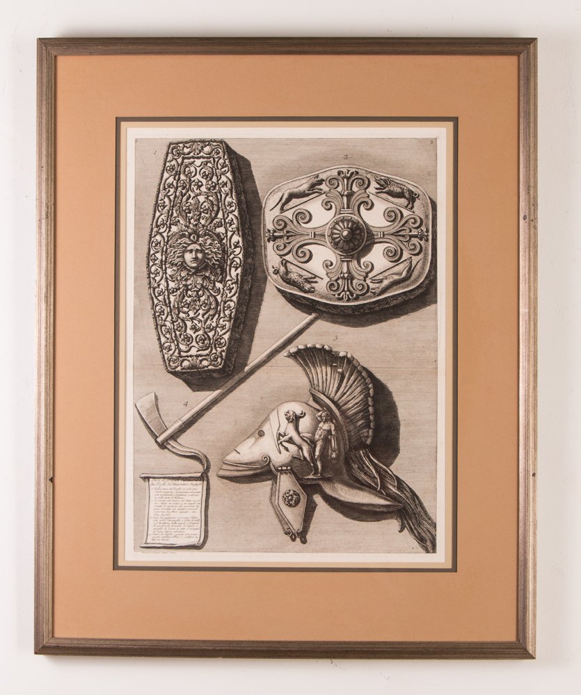 3 Piranesi Trofei di Ottaviano Augusto engravings: Artist: Piranesi, Giovanni Battista (Italian 1720-1778) Title: Trofei di Ottaviano Augusto (3) Medium: engraving Dimension: 22 x 15 inches (each) Frame Type: painted wood frames