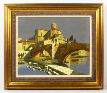 Lucio Sollazzi painting Madonna On The Bridge: Artist: Sollazzi, Lucio (Italian, born 1925 - ) Title: Madonna On The Bridge Medium: oil on canvas Dimension: 18 x 22 inches Signature: signed Sollazzi lower right Provenance: Zantman Art Gall