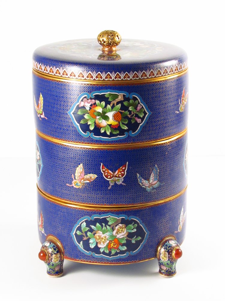 Chinese Blue Enamel 3 Tier Stacking Box: Title: Chinese Blue Enamel 3 Tier Stacking Box with Fruit, Floral and Butterfly Decoration and carnelian bosses on all three legs Date: 20th Century Medium: enamel on metal Dimension: 15 x 11 x 11 inc