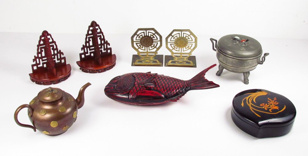An Asian collection: Title: An Asian collection consisting of a lacquer Chinese large fish-shaped box, Chinese pewter and stone mounted covered signed dish (jade & carnelian), Chinese lacquer box with radish, Chinese bras