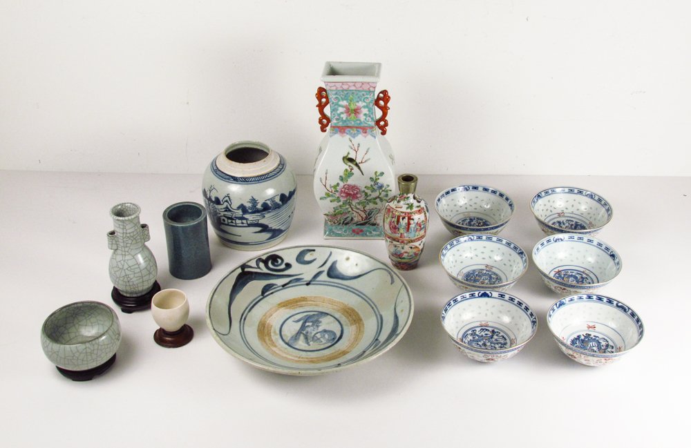 Collection of Chinese porcelain: Title: Collection of Chinese porcelain including a Ming dynasty porcelain decorated flared bowl, rose mandarin silver mounted vase, early canton ginger jar, famille rose vase with exotic bird, crackle