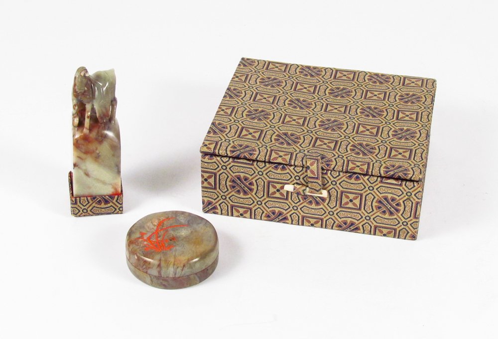 Chinese carved Soapstone Seal and Ink Fitted Box: Title: Chinese carved Soapstone Seal and Ink Fitted Box with Horse Finial Medium: soapstone carving Dimension: 4 x 1.25 x 1.25 inches stamp