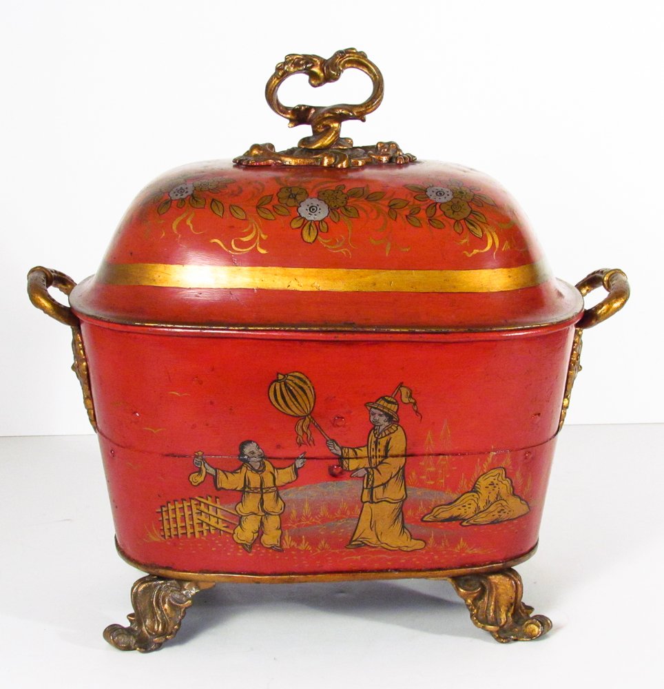 Victorian Tole Ware Coal Hod: Title: Basin Shaped Coal Hod with Oriental Decoration with Liner Dimension: 18 x 19 x 11 inches