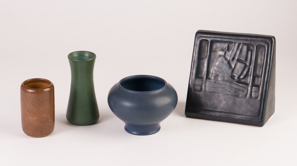 Marblehead pottery collection including a bookend: Title: Marblehead pottery collection Medium: pottery Dimension: bookend: 5.5 x 5.75 x 3 inches Signature: Marblehead sticker on backside of bookend