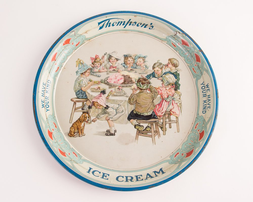 Thompson's Brand Ice Cream Tray c. 1900: Title: Thompson's Brand Ice Cream Tray c. 1900 Medium: lithograph on metal Dimension: 13.5 inches diameter