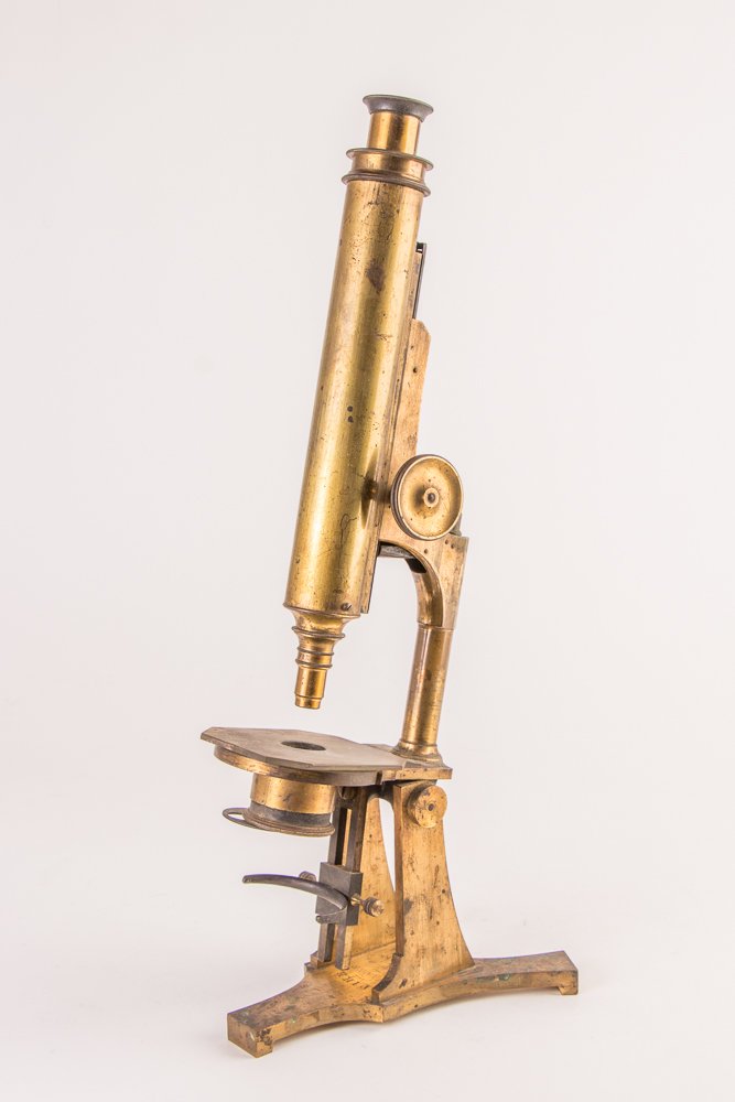 Early Pike Microscope-circa 1860: Title: Early Pike Microscope of all brass construction on a 3 foot base, The base plate engraved Pike / Maker / 518 Broadway / New York / No. 1172 / screw adjustable focus ; single eye and nose piece 