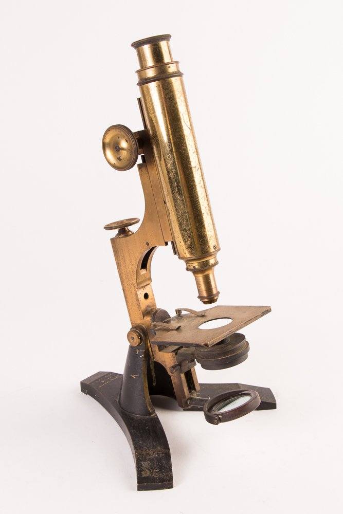 J. Zentmayer Microscope: Title: J. Zentmayer Microscope, Philadelphia, Pat'd August 15 '76, brass body with iron 3-branch foot, adjustable focus, single eye and nose piece Date: 1876 Dimension: 11.5 inches tall