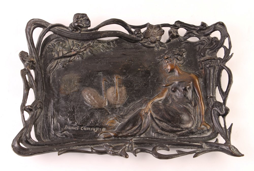 After Daniel Camragne Art Nouveau Bronze Tray: Artist: Camragne, After Daniel Title: Art Nouveau Bronze Tray with Woman and Swans Medium: bronze Dimension: 9 x 12 inches Signature: incised Daniel Camragne on tray
