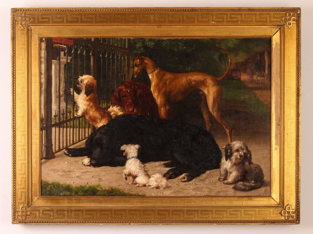 Otto Bache "Dogs Not Admitted" 1870: Bache, Otto (Danish, 1839-1927) Dogs Not Admitted, 1870 oil on canvas 18.8 x 26.8 inches signed and dated lower left Framed in a Classical Revival frame inset measuring 25 x 33 inches