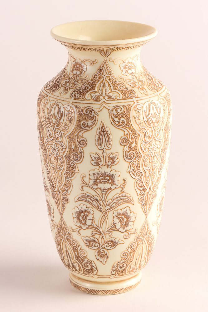 Rare Thomas Webb "Ivory" Cameo Glass Vase: Faux ivory cameo glass decorated with Persian motif 9 inches tall Thomas Webb & Sons Limited marking under on pontil.