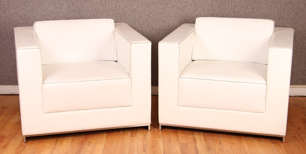 Pair Fabien Baron/ Bernhardt Design White: Artist: Baron, Fabien for Bernhardt Design Title: Pair b.1 White Leather/Brushed Nickel Club Chairs Medium: white leather, brushed nickel Dimension: 35.5 x 29.5 x 32.5 inches, Bernhardt label on under