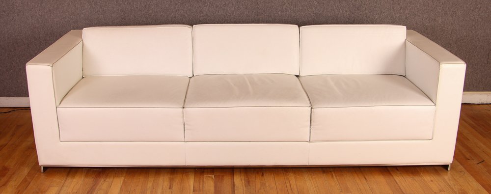 Fabien Baron for Bernhardt Design White Leather/Brushed: Artist: Baron, Fabien for Bernhardt Design Title: b.1 White Leather/Brushed Nickel Sofa Medium: white leather, brushed nickel Dimension: 95 x 33.5 x 30 inches Provenance: The Frank Giovannitti Collect