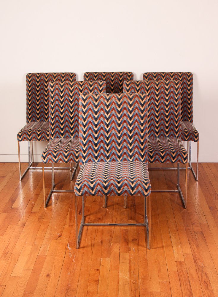 Set of 6 Milo Baughman for Thayer Coggin Dining Chairs: Artist: Baughman, Milo for Thayer Coggin Title: 6 Upholstered/Chrome Dining Chairs Medium: chevron velour upholstery, chrome Dimension: 36 x 23 x 19 inches, each Signature: no labels