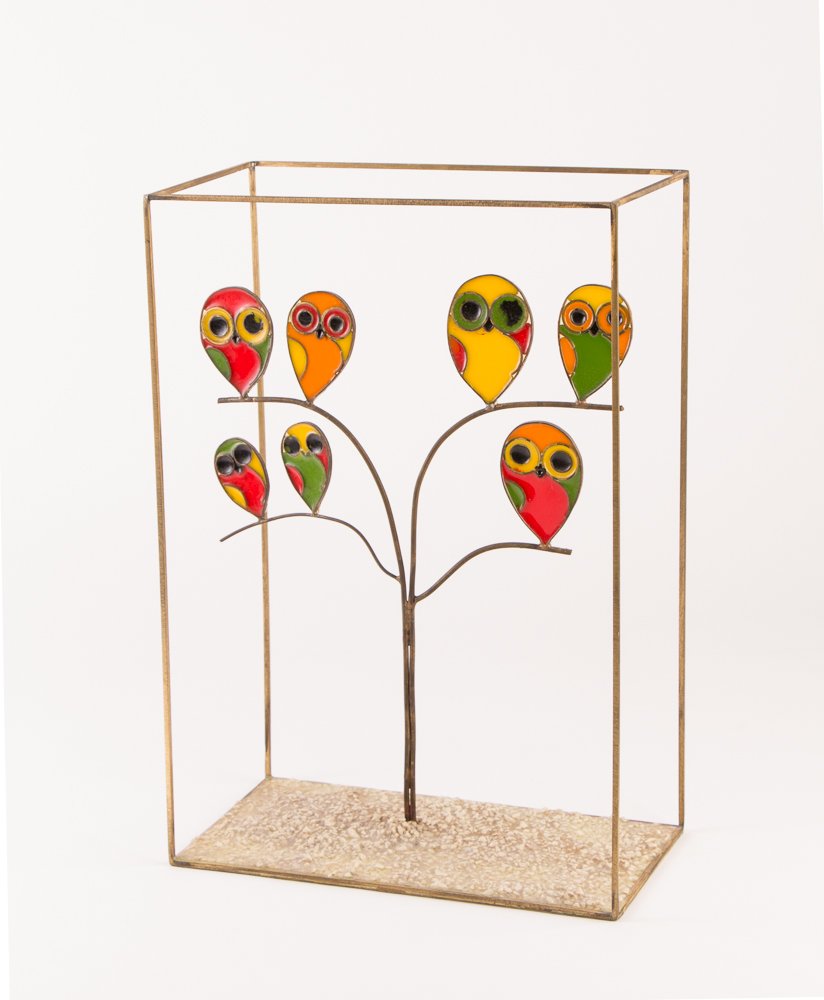 Jere-Style Tree of Owls Mid-Mod Sculpture: Artist: Jere-Style Title: Tree of Owls Medium: enamel, brass Dimension: 15 x 10 inches Signature: Signed indistinctly Jerry on underside