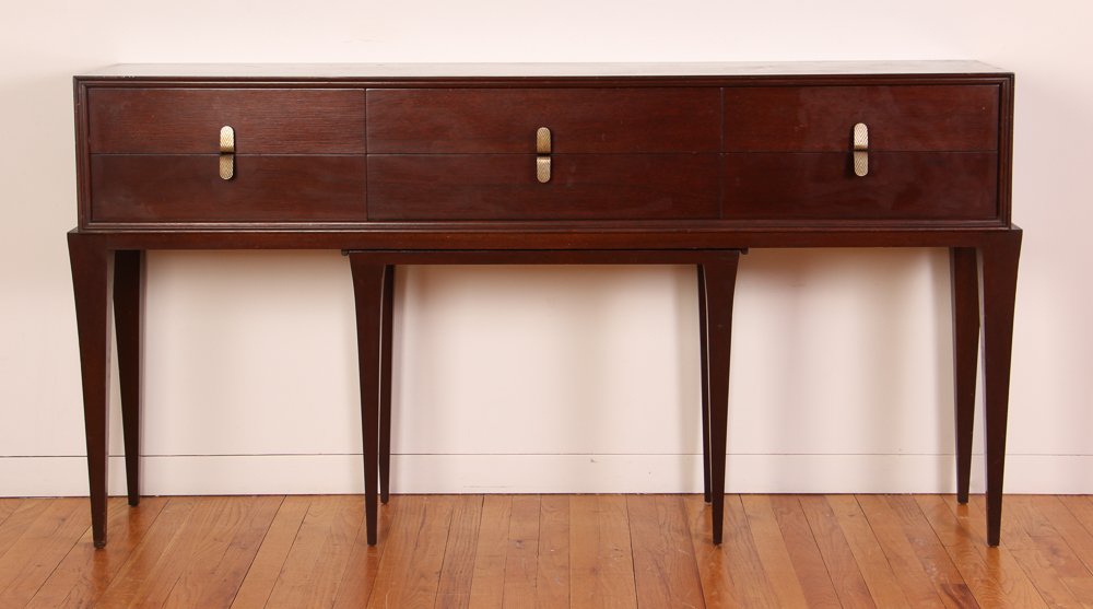 Attrib. Tommi Parzinger Mahogany Buffet w/bench: Artist: Parzinger, Attributed to Tommi for Charak Modern Title: Mahogany Buffet w/pull-out bench, interesting handles Medium: mahogany Dimension: 34.5 x 66 x 16 inches Signature: no labels