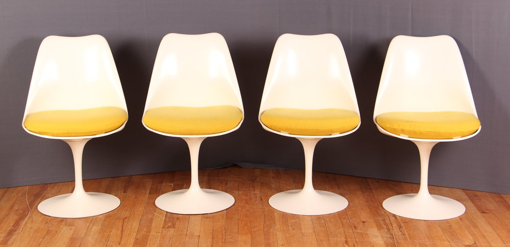 4 Saarinen Tulip chairs by Knoll with Tulip-style Table: Artist: Saarinen, Eero for Knoll Title: 4 Saarinen Tulip chairs with yellow hopsack upholstered seats and Saarinen style round table with white finish Date: c. 1980s Medium: fiberglass and cloth Dimen