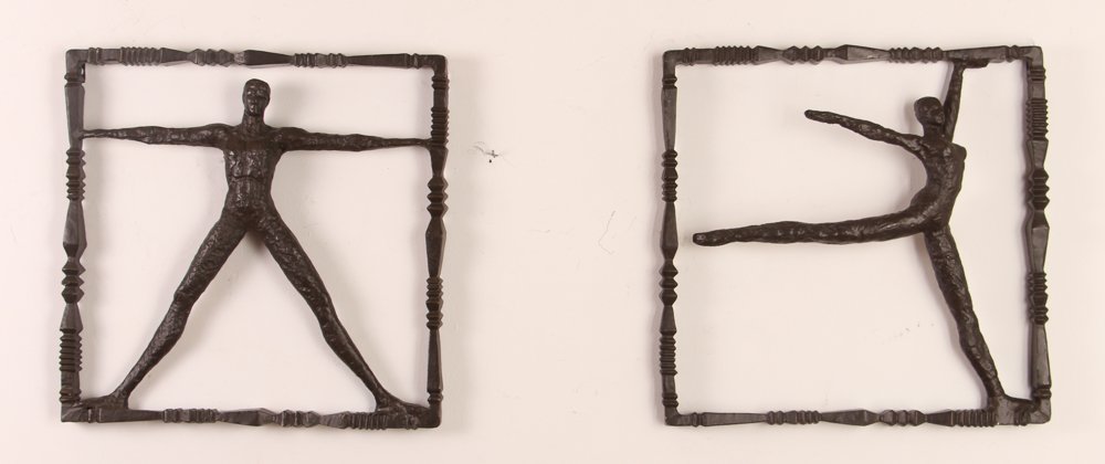 Ernest Trova, attrib. "Male & Female Dancers": Artist: Trova, Attributed to Ernest Tito (American 1927 - 2009) Title: Male and Female Dancer Reliefs Medium: cast and welded bronze Dimension: 17 x 17 x 3 inches female, the male has slightly less de