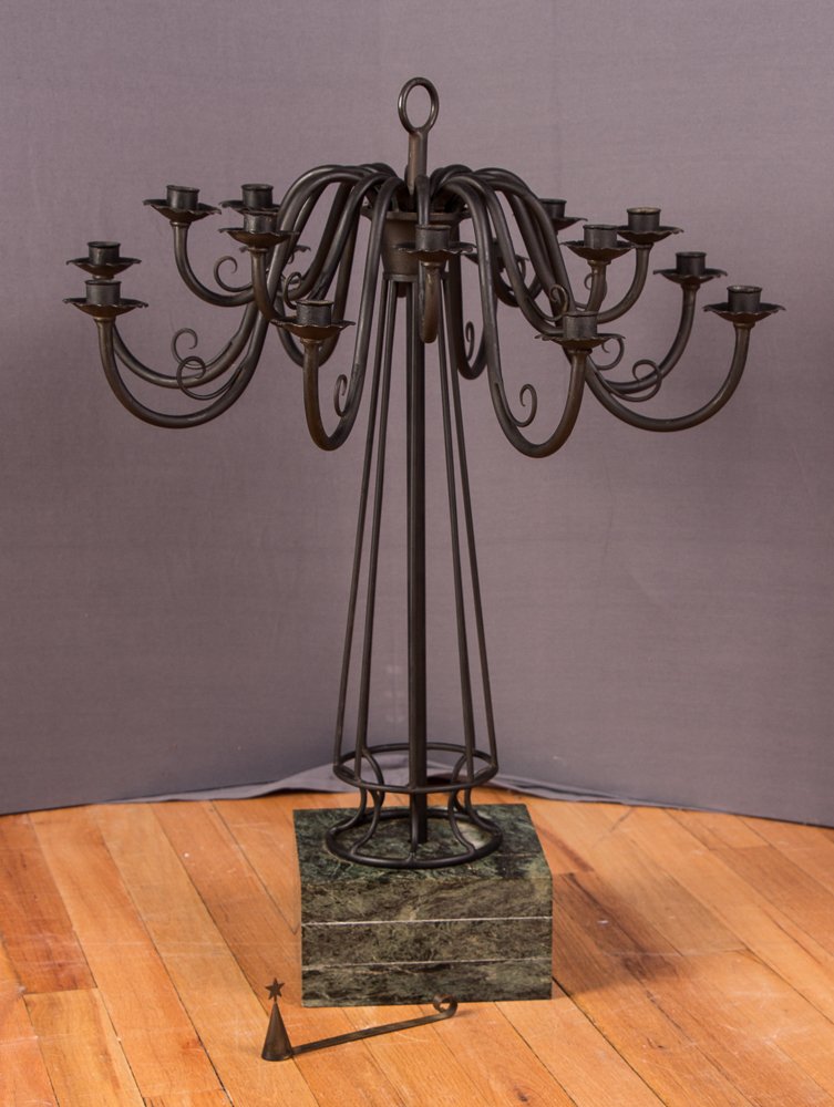 Interesting Modernist 16 Light Rod Iron Candelabra: Title: Rod Iron on wooden base Date: 1950's Dimension: 28 x 22 x 22 inches Provenance: The Estate of Warren Pleasants, Pittsburgh, Pa.